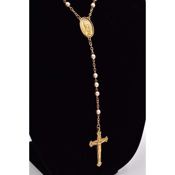 Vintage Vatican Library Collection Pearl Rosary Cross Necklace Gold Signed BinBQ - Picture 5 of 12